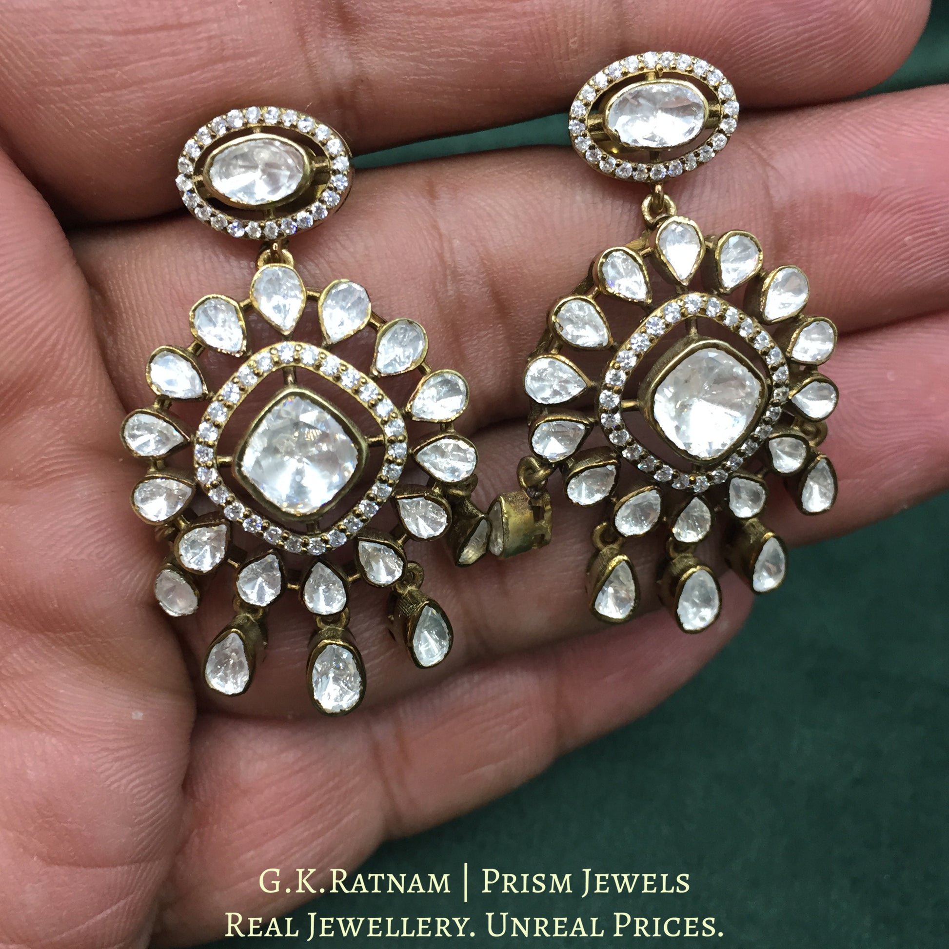 925 Silver And Moissanite Polki Long Earrings With Antique Finish - G. K. Ratnam
