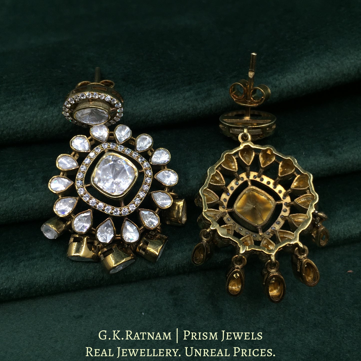 925 Silver And Moissanite Polki Long Earrings With Antique Finish - G. K. Ratnam