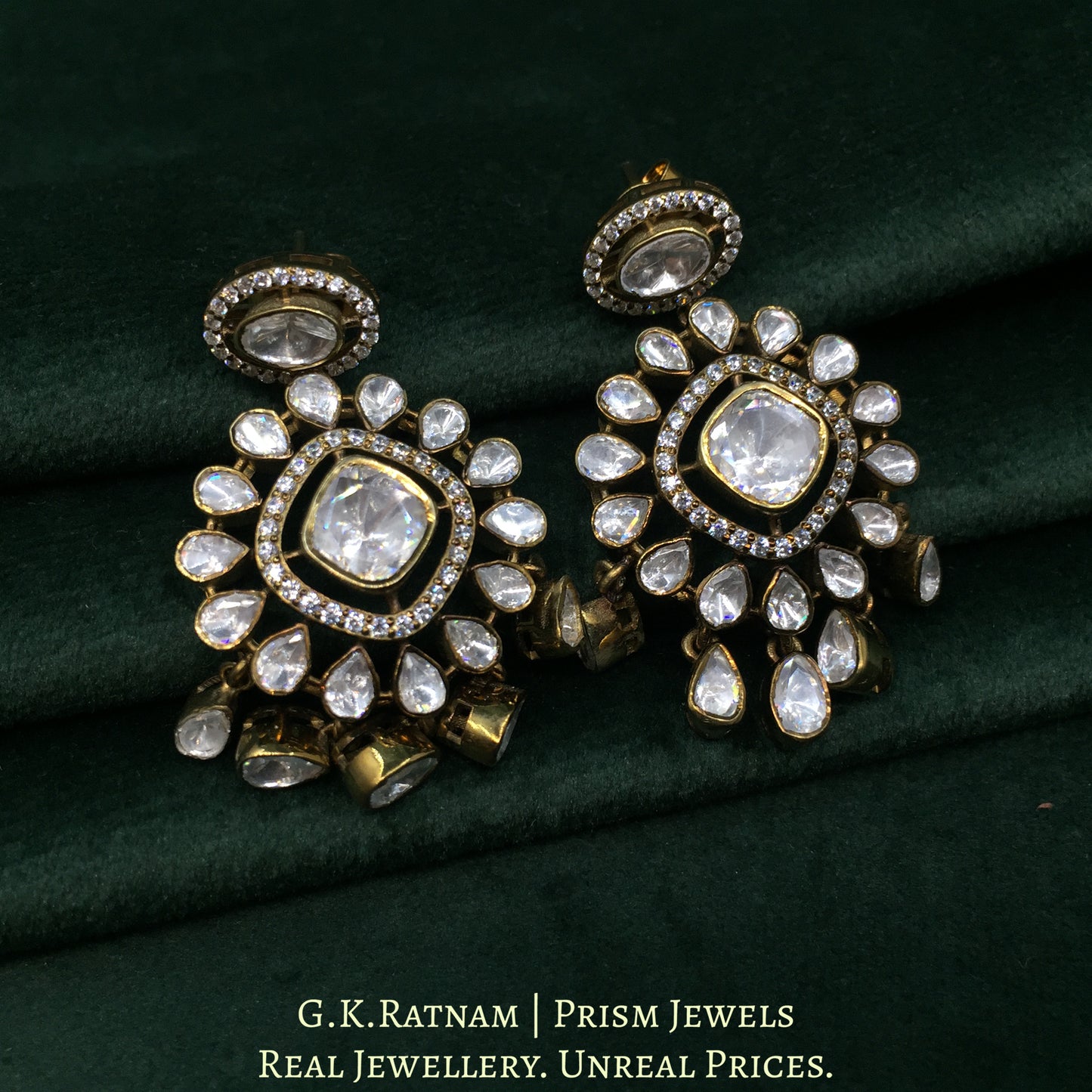 925 Silver And Moissanite Polki Long Earrings With Antique Finish - G. K. Ratnam