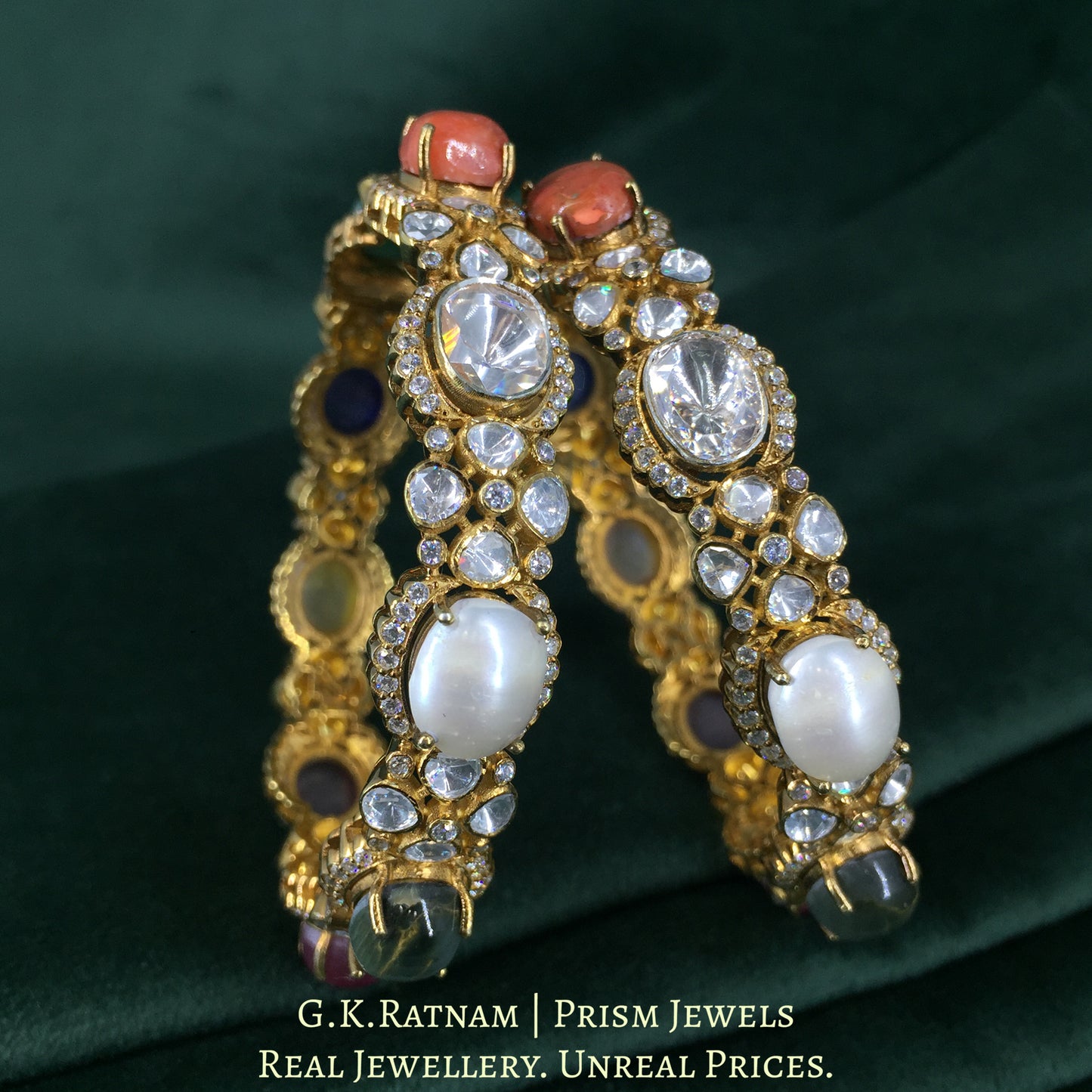 925 Silver And Moissanite Polki Navratan Bangle Pair With Lab-Grown Stones - G. K. Ratnam