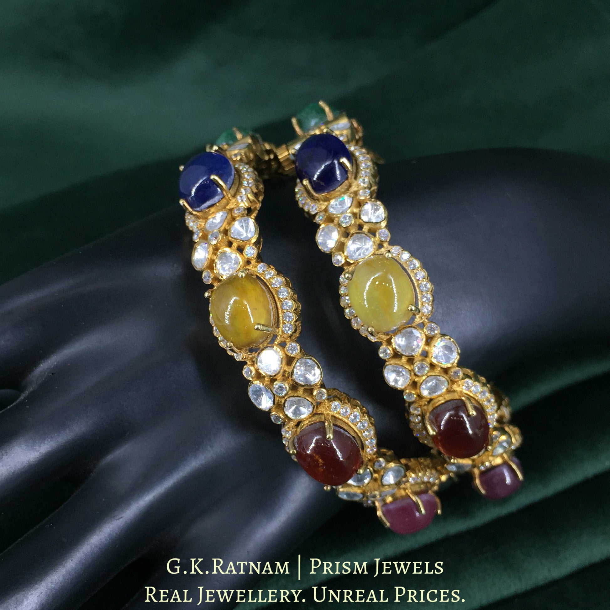 925 Silver And Moissanite Polki Navratan Bangle Pair With Lab-Grown Stones - G. K. Ratnam