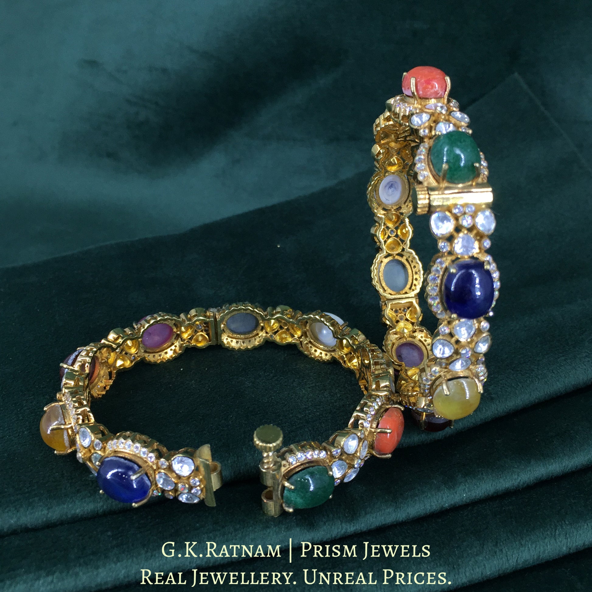 925 Silver And Moissanite Polki Navratan Bangle Pair With Lab-Grown Stones - G. K. Ratnam