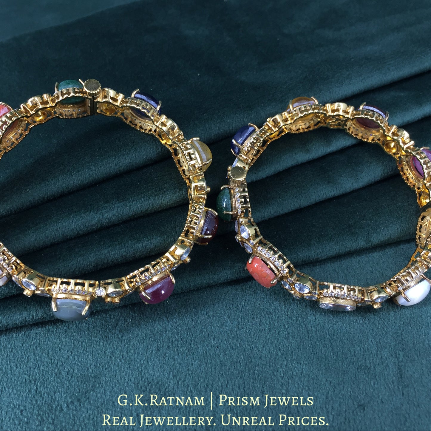 925 Silver And Moissanite Polki Navratan Bangle Pair With Lab-Grown Stones - G. K. Ratnam