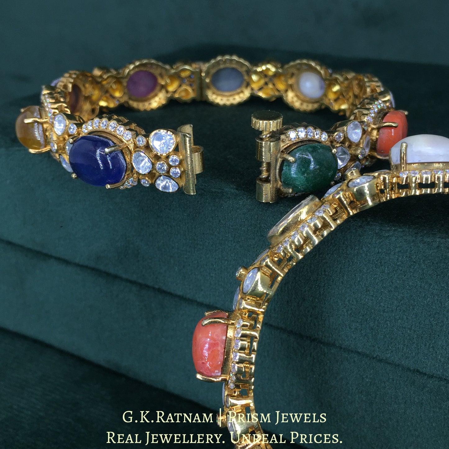 925 Silver And Moissanite Polki Navratan Bangle Pair With Lab-Grown Stones - G. K. Ratnam