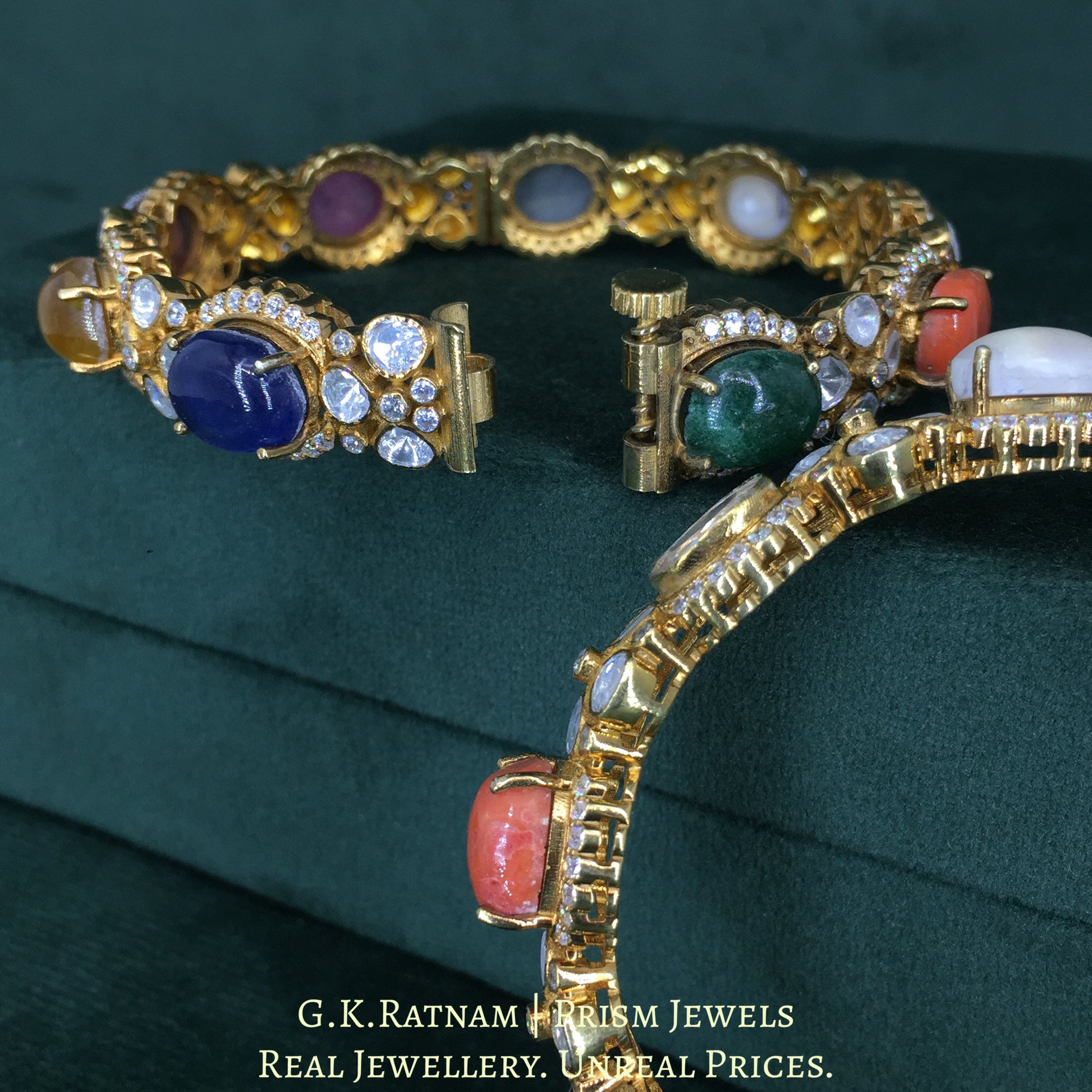 925 Silver And Moissanite Polki Navratan Bangle Pair With Lab-Grown Stones - G. K. Ratnam