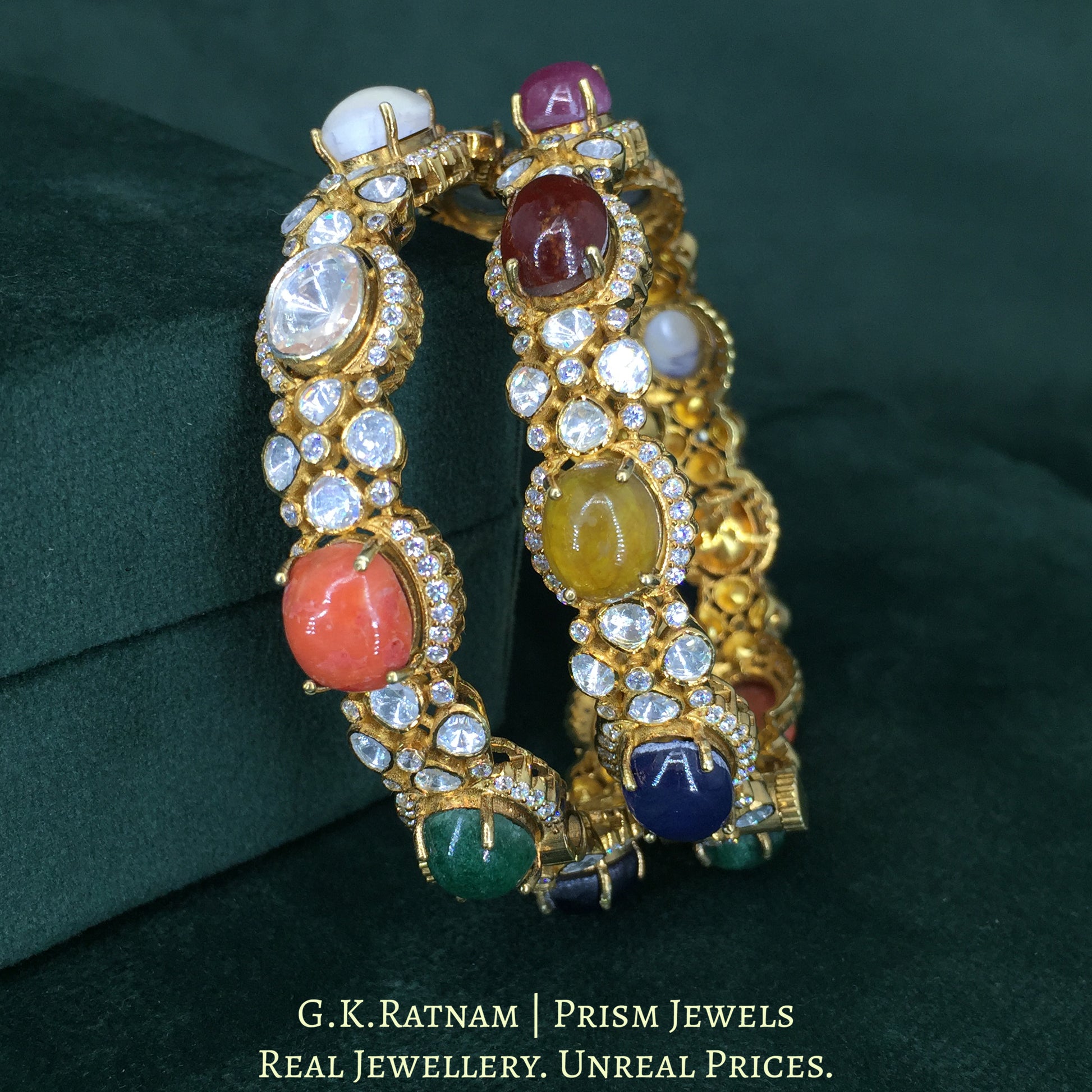 925 Silver And Moissanite Polki Navratan Bangle Pair With Lab-Grown Stones - G. K. Ratnam