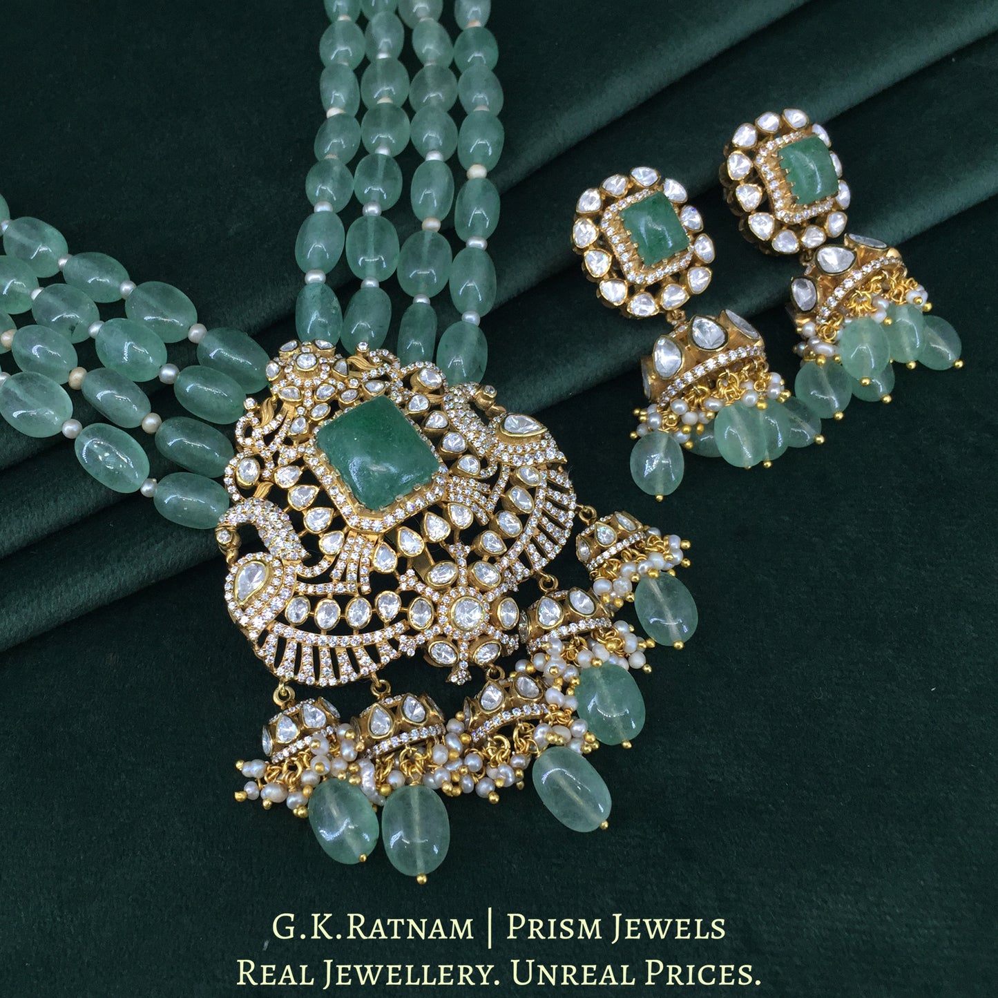 925 Silver And Moissanite Polki Pendant Set Strung In Strawberry Quartz And Lab-Grown Emerald - G. K. Ratnam