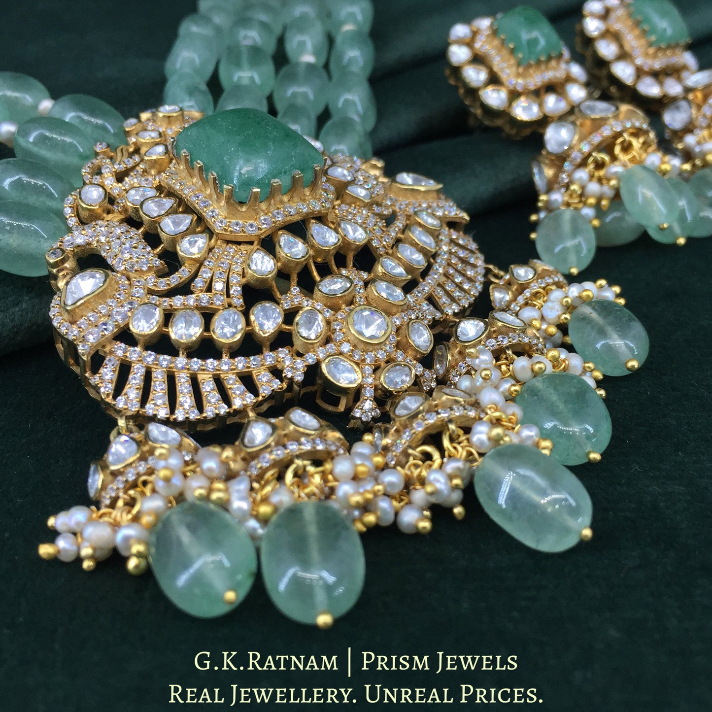 925 Silver And Moissanite Polki Pendant Set Strung In Strawberry Quartz And Lab-Grown Emerald - G. K. Ratnam