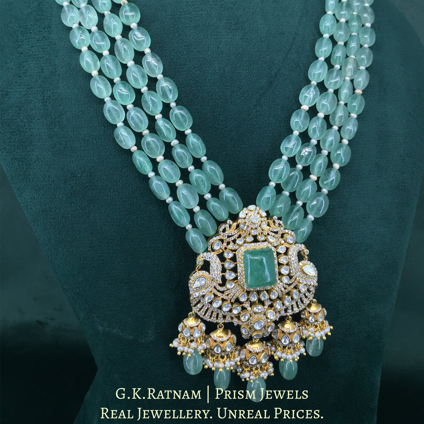 925 Silver And Moissanite Polki Pendant Set Strung In Strawberry Quartz And Lab-Grown Emerald - G. K. Ratnam
