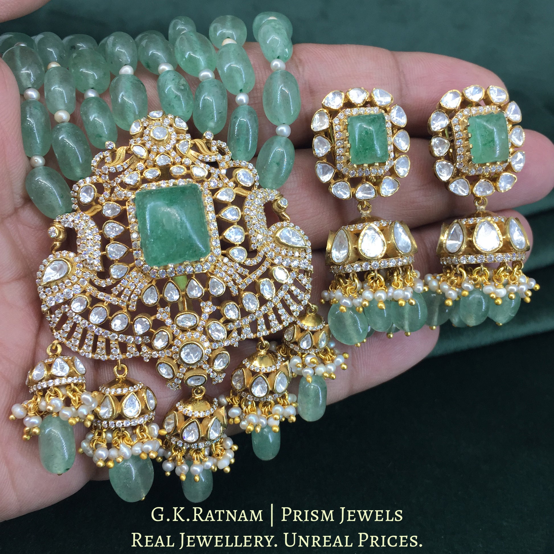 925 Silver And Moissanite Polki Pendant Set Strung In Strawberry Quartz And Lab-Grown Emerald - G. K. Ratnam