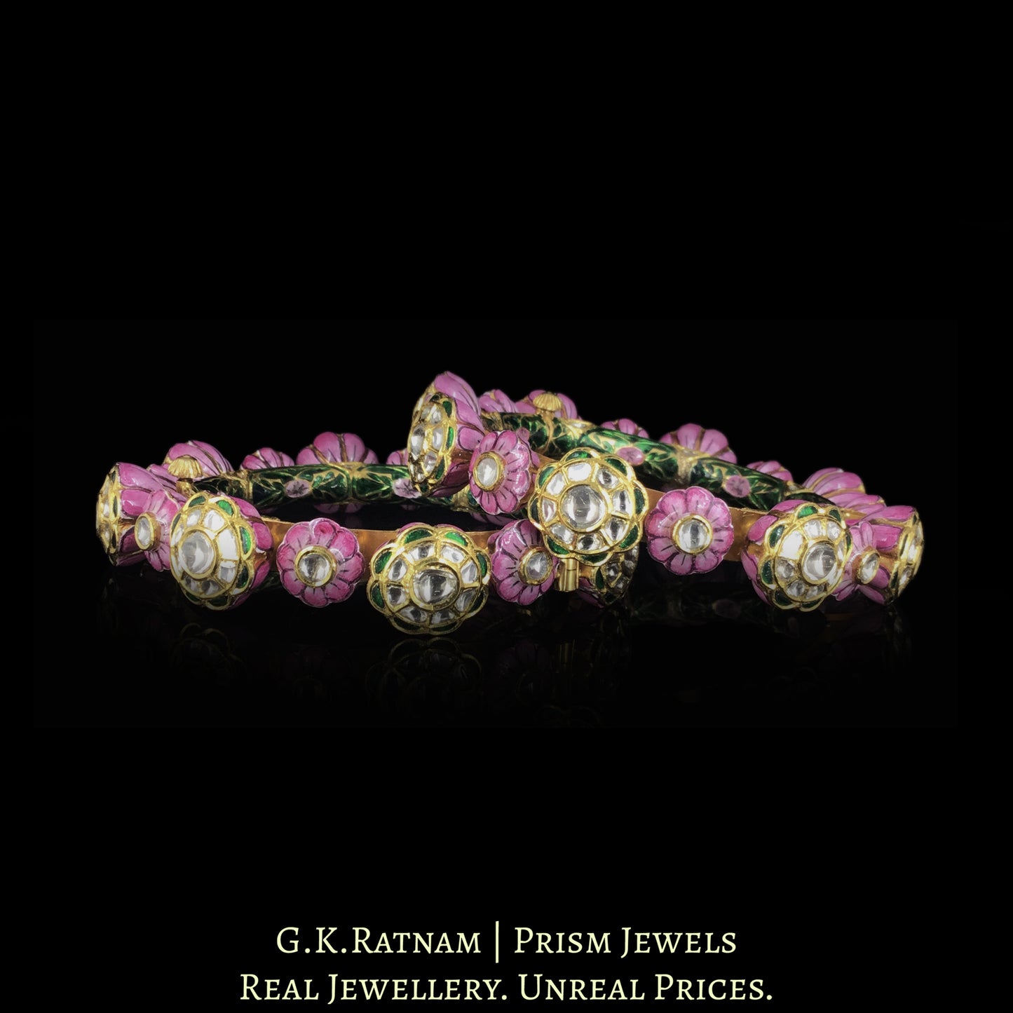 22k Gold and Diamond Polki Bangle Pair (Pacheli) with Pink Meenakari - G. K. Ratnam