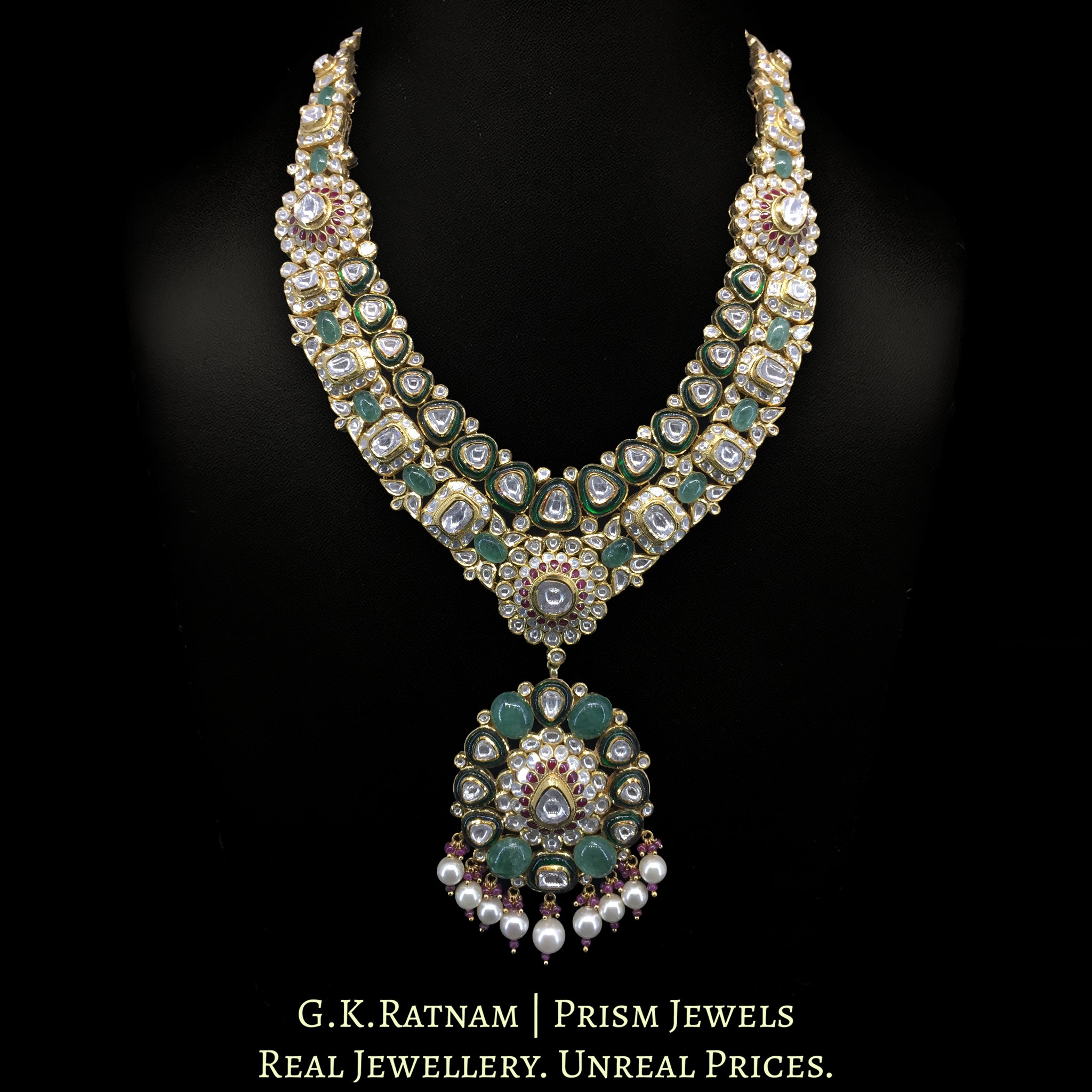 18k Gold and Diamond Polki Long Necklace Set with Rubies and emerald-green Strawberry Quartz