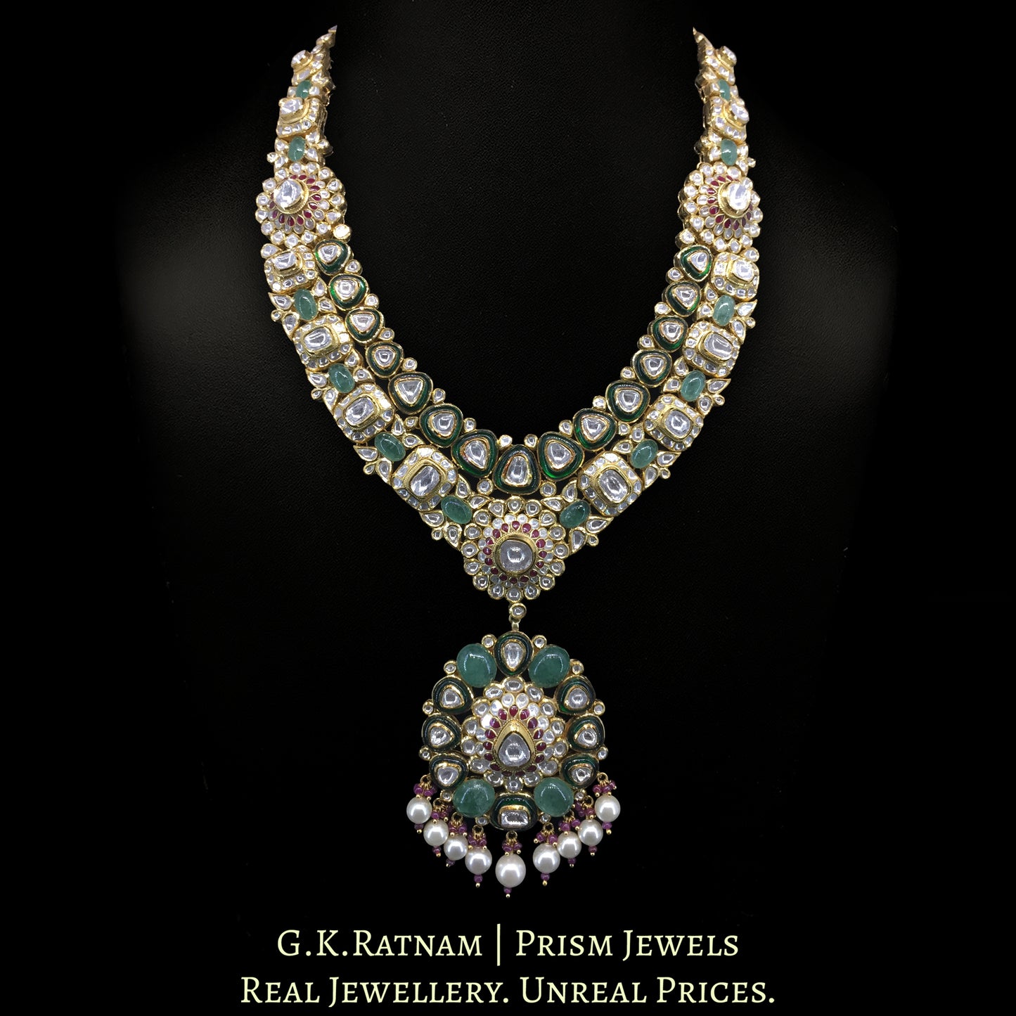18k Gold and Diamond Polki Long Necklace Set with Rubies and emerald-green Strawberry Quartz - G. K. Ratnam