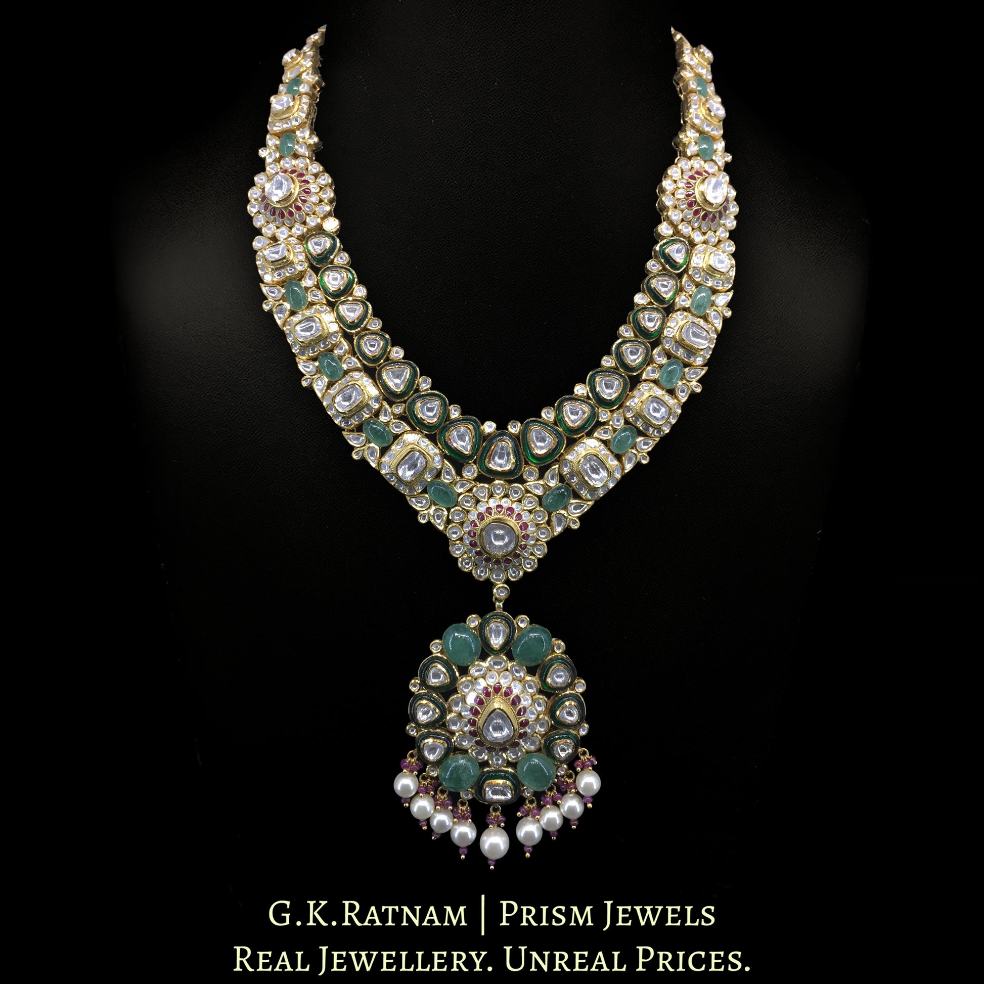 18k Gold and Diamond Polki Long Necklace Set with Rubies and emerald-green Strawberry Quartz - G. K. Ratnam