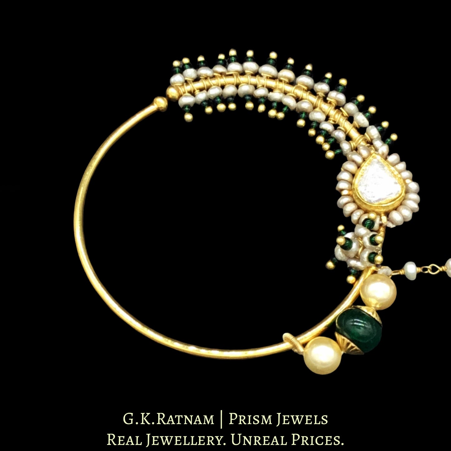 18k Gold and Diamond Polki Nose Ring elaborated with antiqued hyderabadi pearls - G. K. Ratnam