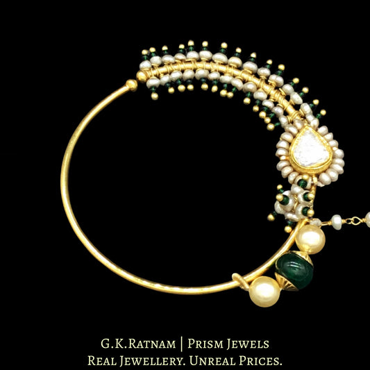 18k Gold and Diamond Polki Nose Ring elaborated with antiqued hyderabadi pearls - G. K. Ratnam