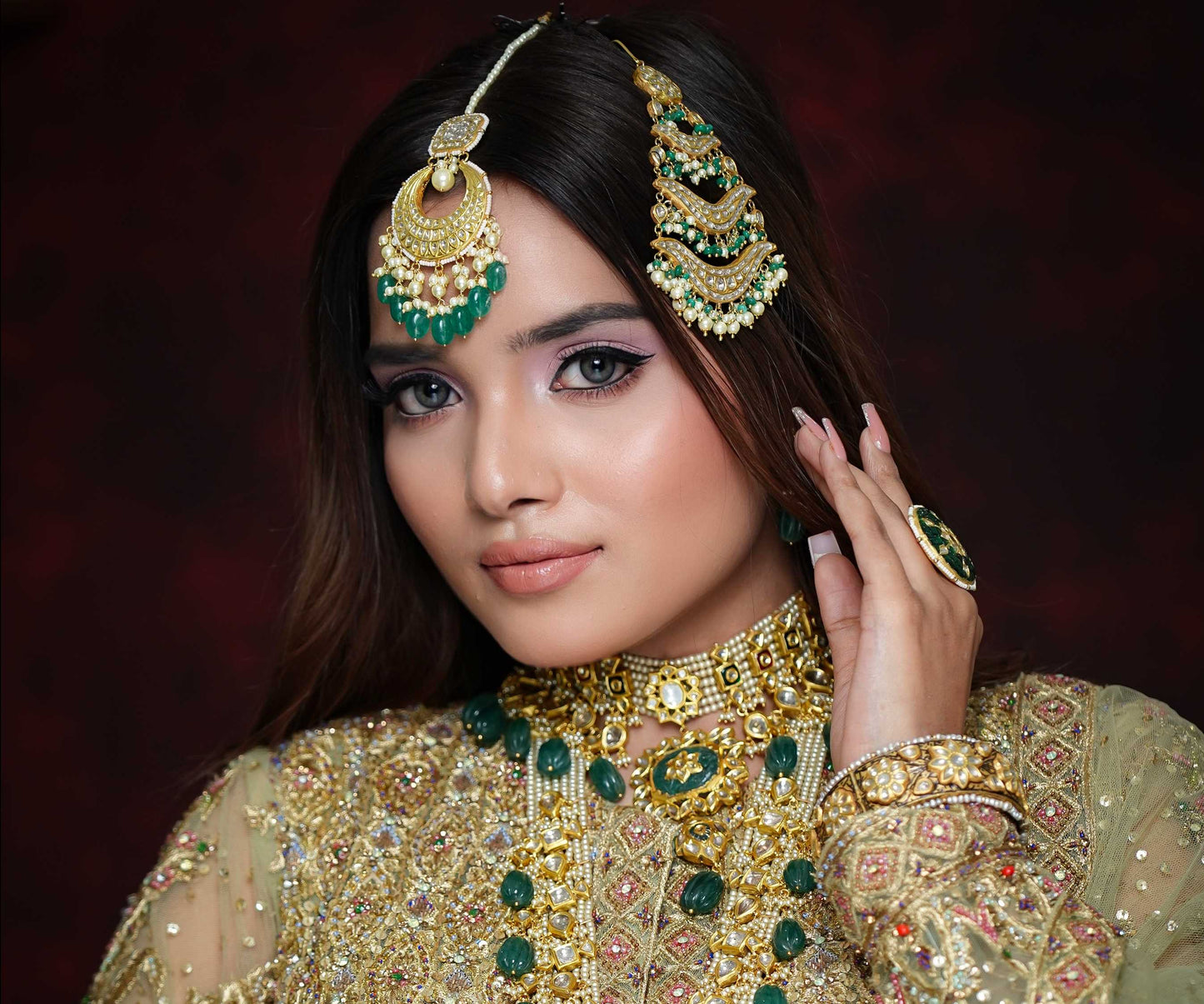 23k Gold and Diamond Polki Choker Necklace Set with Antiqued Pearls and hand-carved Melons