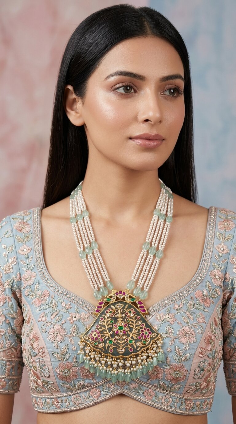 23K Gold And Diamond Polki Pendant With Antique Pearls And Strawberry Quartz - G. K. Ratnam