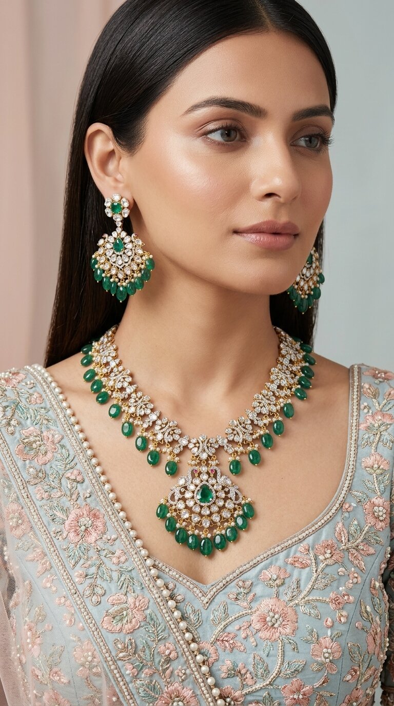 14K Gold And Diamond Polki Open Setting Long Necklace Set With Labgrown Emerald And Strawberry Quartz - G. K. Ratnam