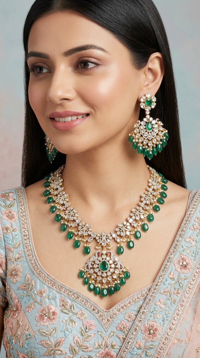 14K Gold And Diamond Polki Open Setting Long Necklace Set With Labgrown Emerald And Strawberry Quartz - G. K. Ratnam