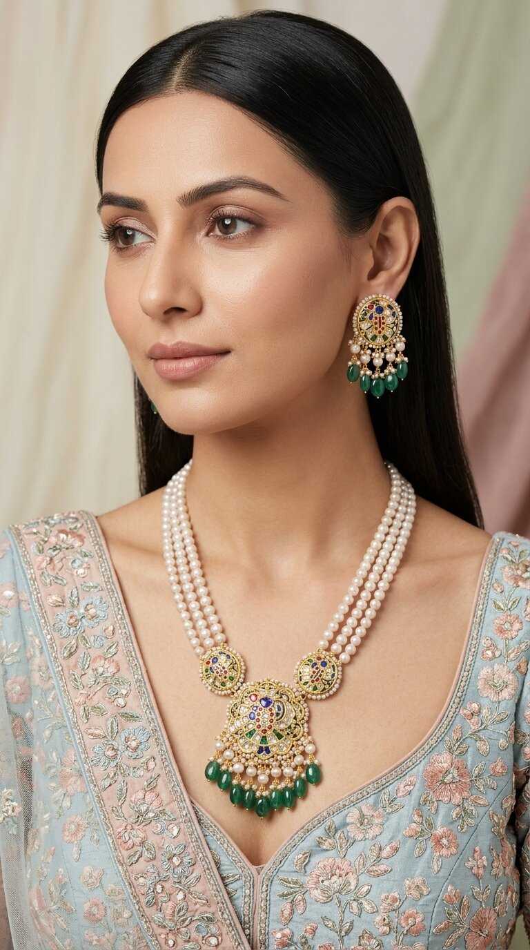 23K Gold And Diamond Polki Shrinath Ji Pendant Set With Antique Pearls & Strawberry Quartz - G. K. Ratnam