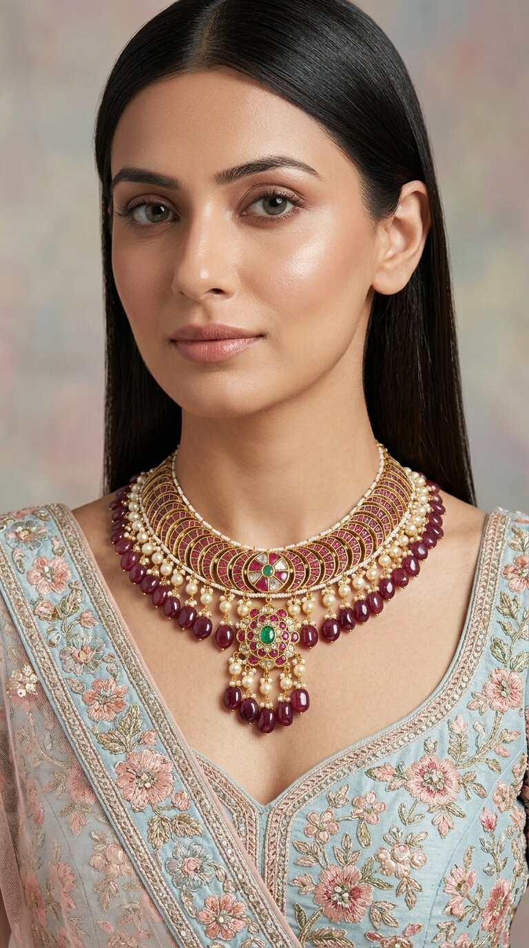 23K Gold And Diamond Polki South Style Necklace With Rubies And Pearls - G. K. Ratnam