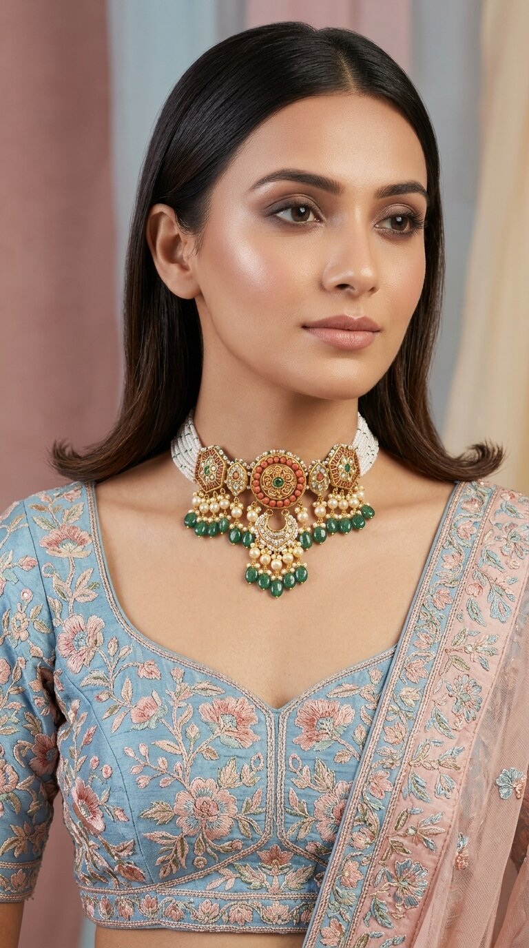 23K Gold And Diamond Polki Choker Necklace With Pearls And Coral - G. K. Ratnam