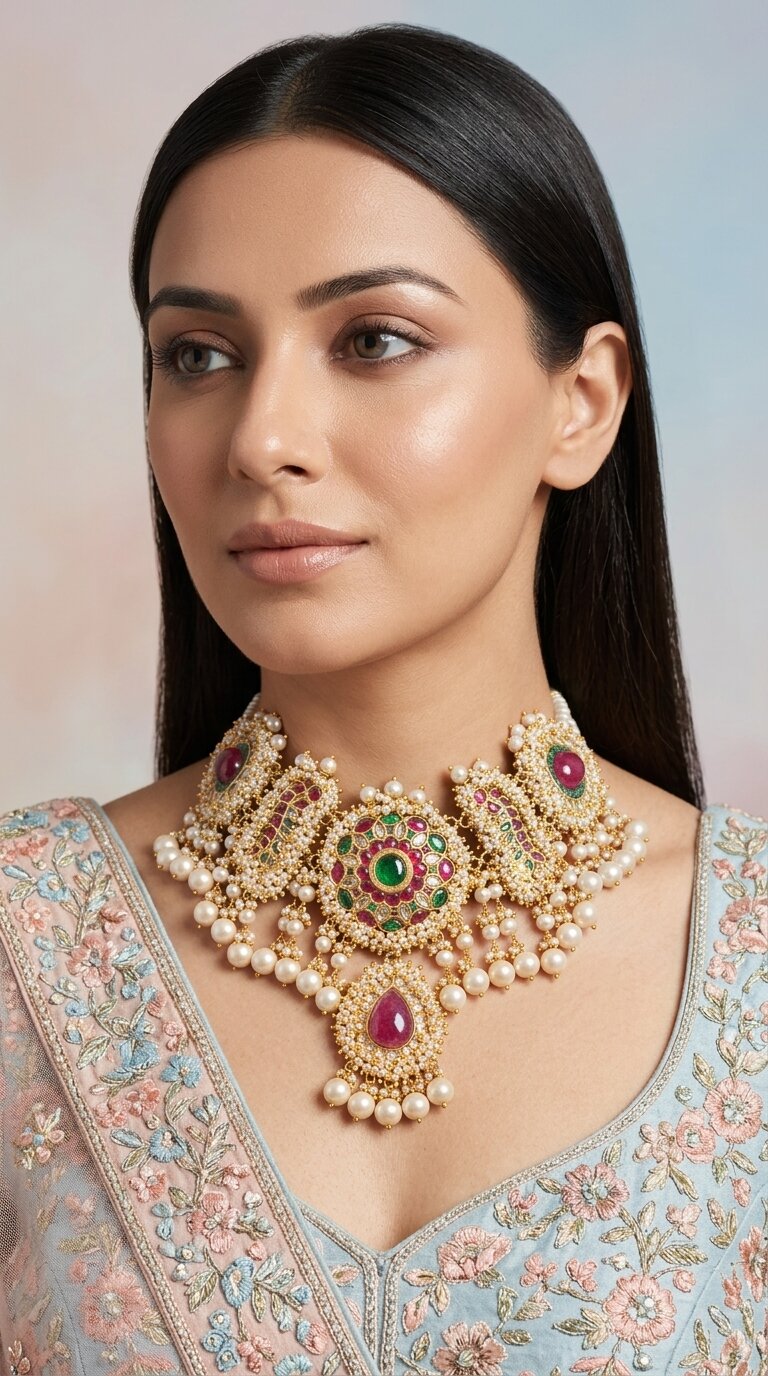 23K Gold And Diamond Polki Necklace With Glass Filled Rubies And Strung In Pearls - G. K. Ratnam