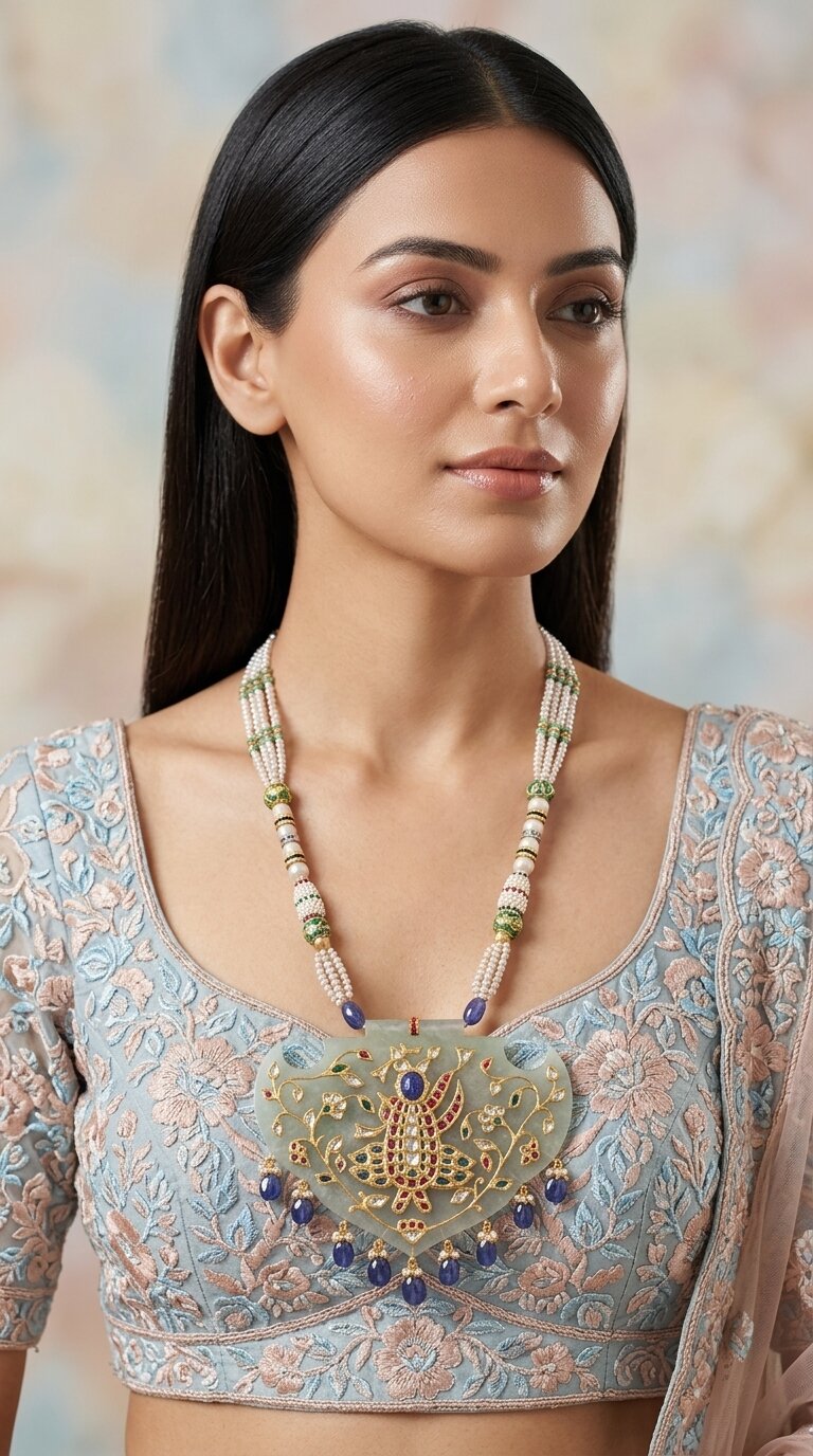 23K Gold And Diamond Polki Shrinath Ji Pendant With Stone - G. K. Ratnam