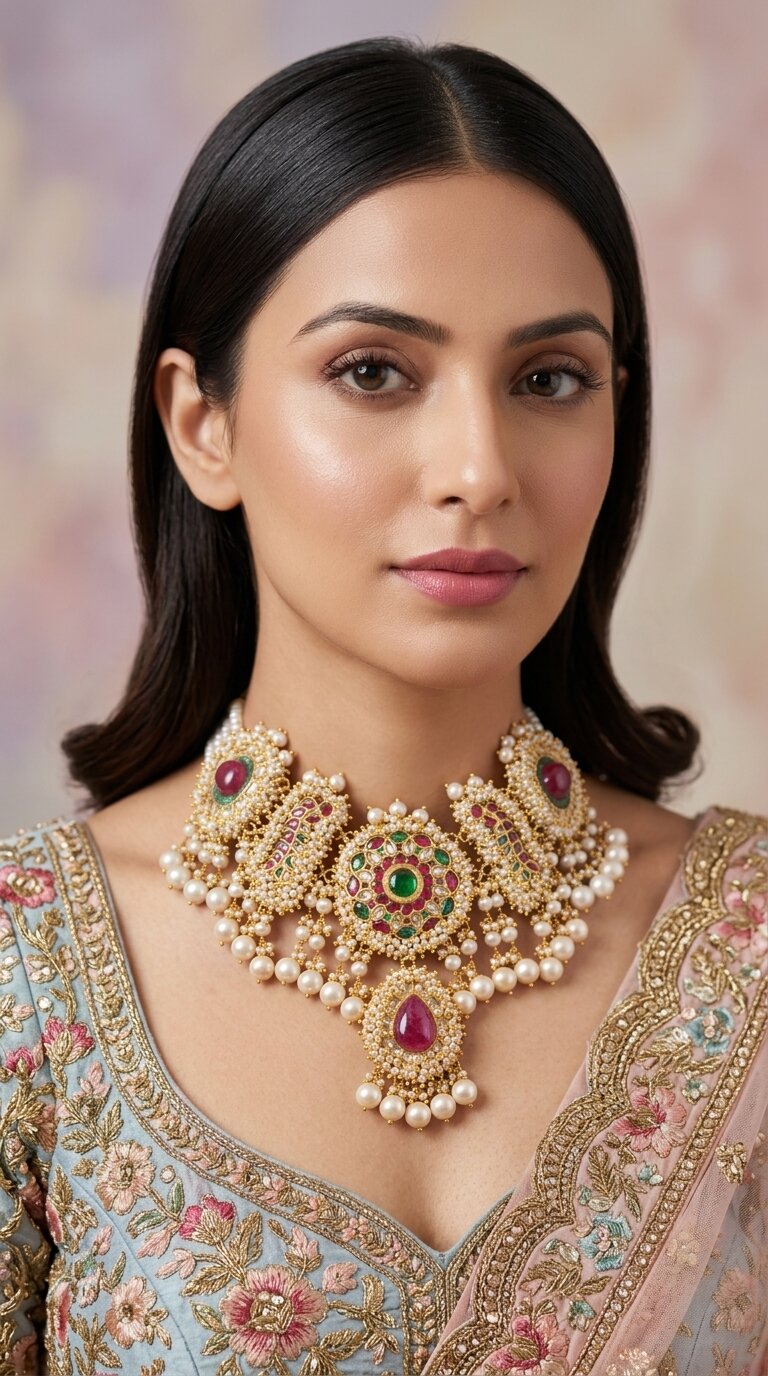 23K Gold And Diamond Polki Necklace With Glass Filled Rubies And Strung In Pearls - G. K. Ratnam