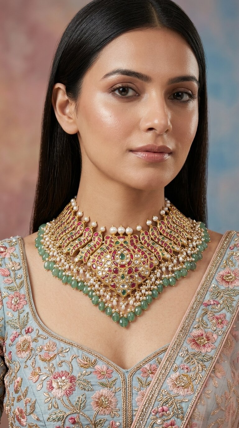 23K Gold And Diamond Polki South Style Necklace With Strawberry And Pearls - G. K. Ratnam