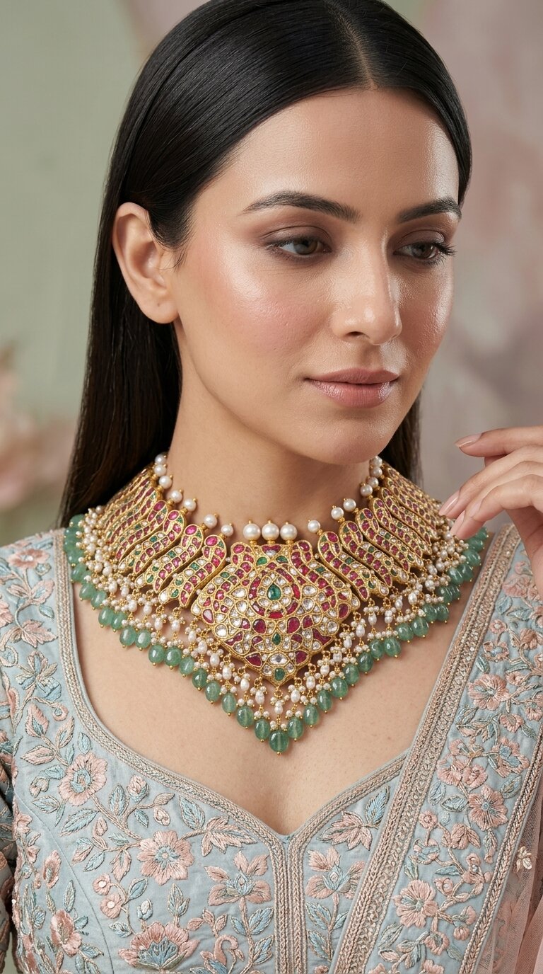 23K Gold And Diamond Polki South Style Necklace With Strawberry And Pearls - G. K. Ratnam