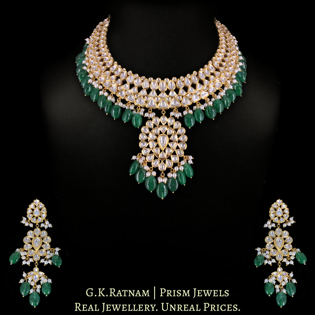 18k Gold and Diamond Polki Necklace Set with emerald-grade Green Beryls and Pearls