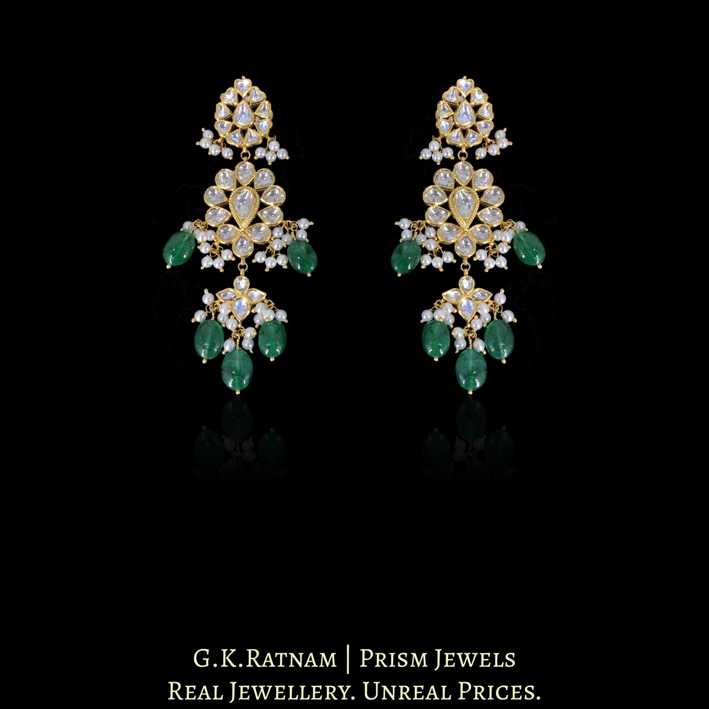 18k Gold and Diamond Polki Necklace Set with emerald-grade Green Beryls and Pearls