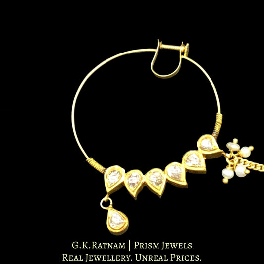 18k Gold and Diamond Polki Nose Ring with chain support - G. K. Ratnam