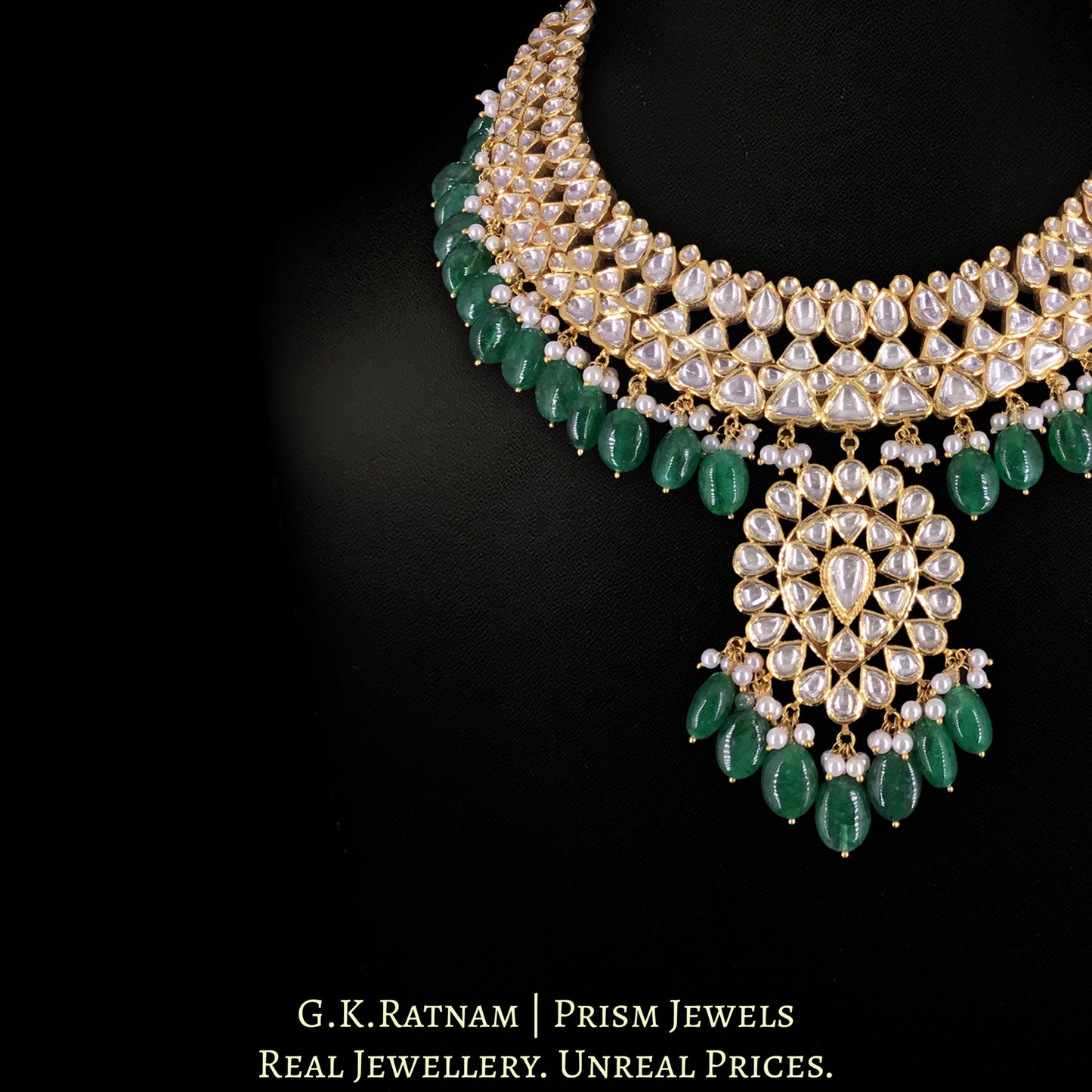 18k Gold and Diamond Polki Necklace Set with emerald-grade Green Beryls and Pearls