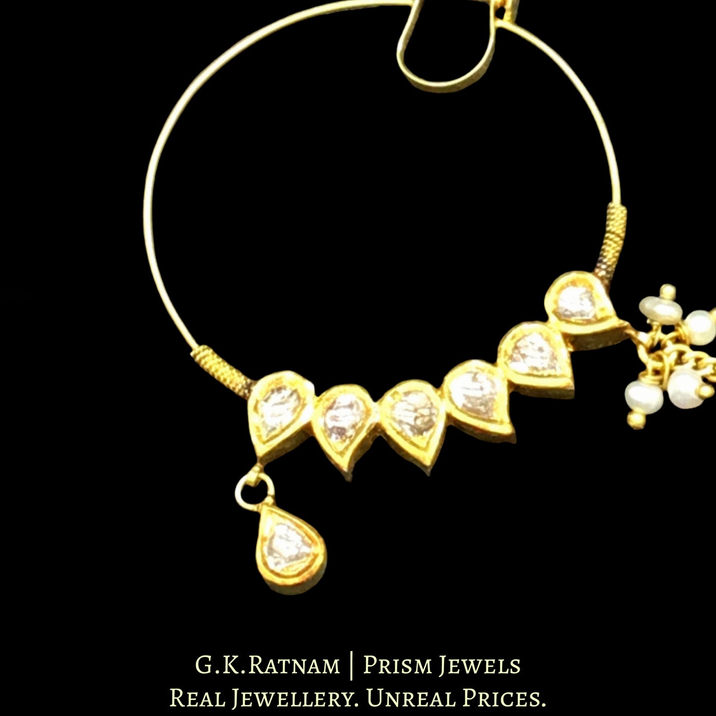 18k Gold and Diamond Polki Nose Ring with chain support - G. K. Ratnam