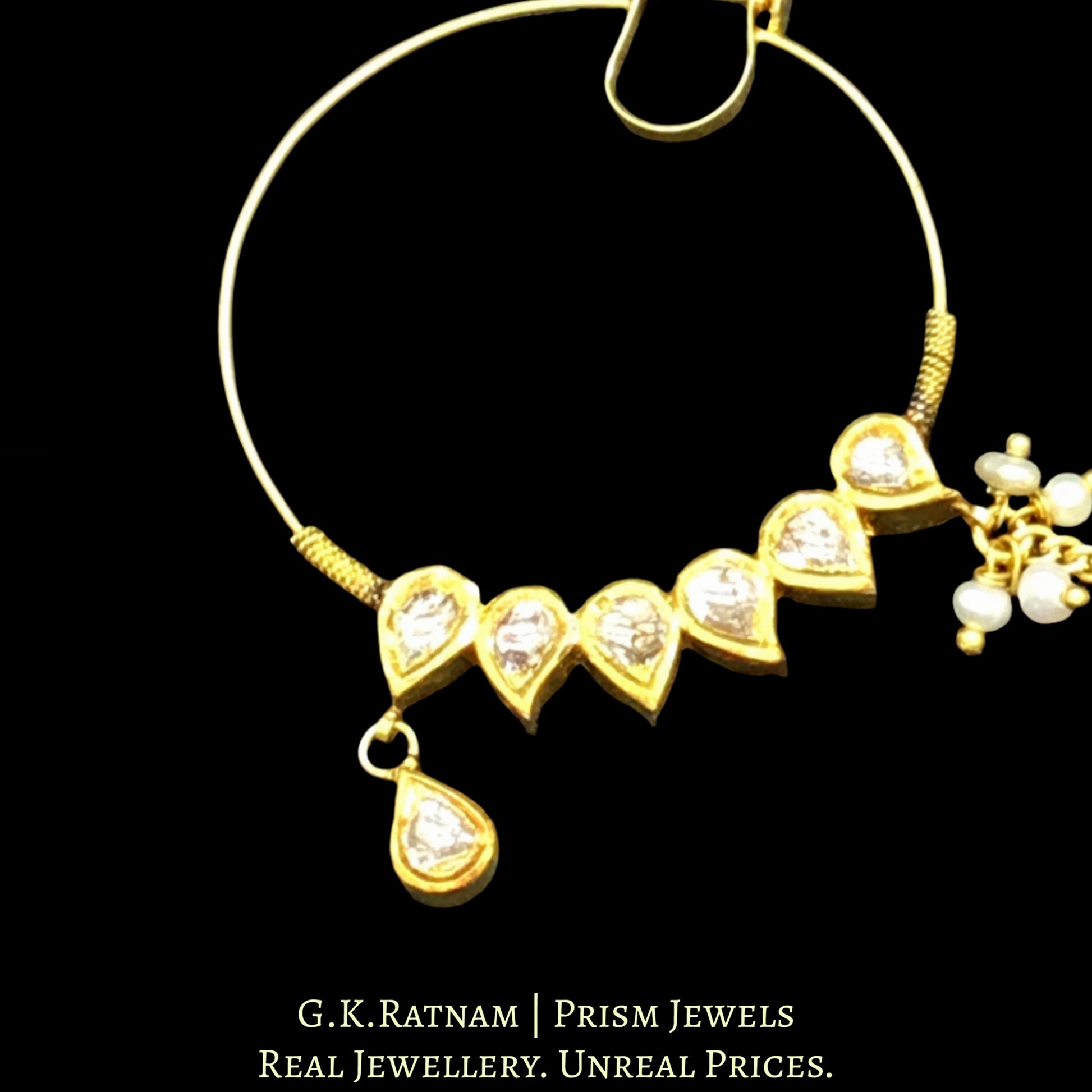 18k Gold and Diamond Polki Nose Ring with chain support - G. K. Ratnam