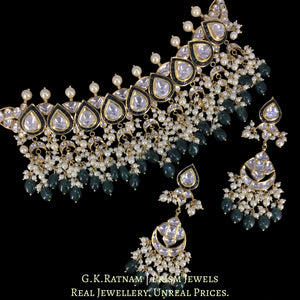 18k Gold and Diamond Polki Choker Necklace Set with pear-shaped motifs enhanced by emerald-grade Beryls and Pearls