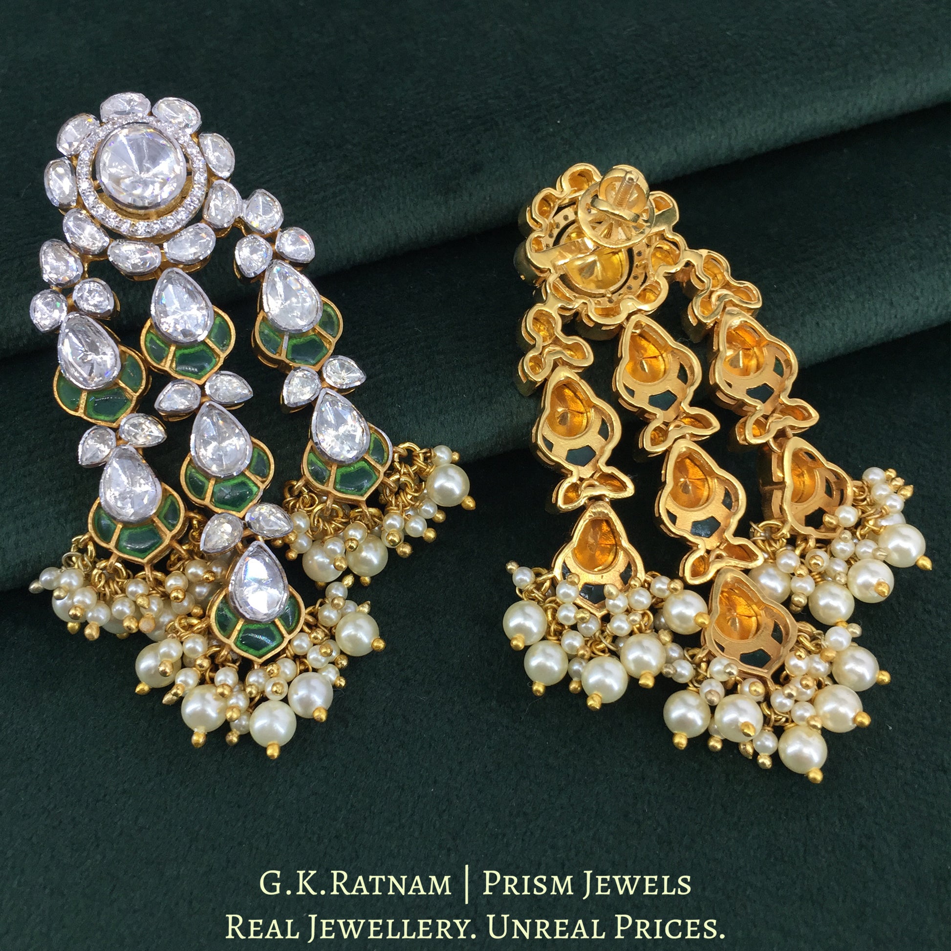 925 Silver And Moissanite Polki Long Earrings With Green Stone And Pearls - G. K. Ratnam