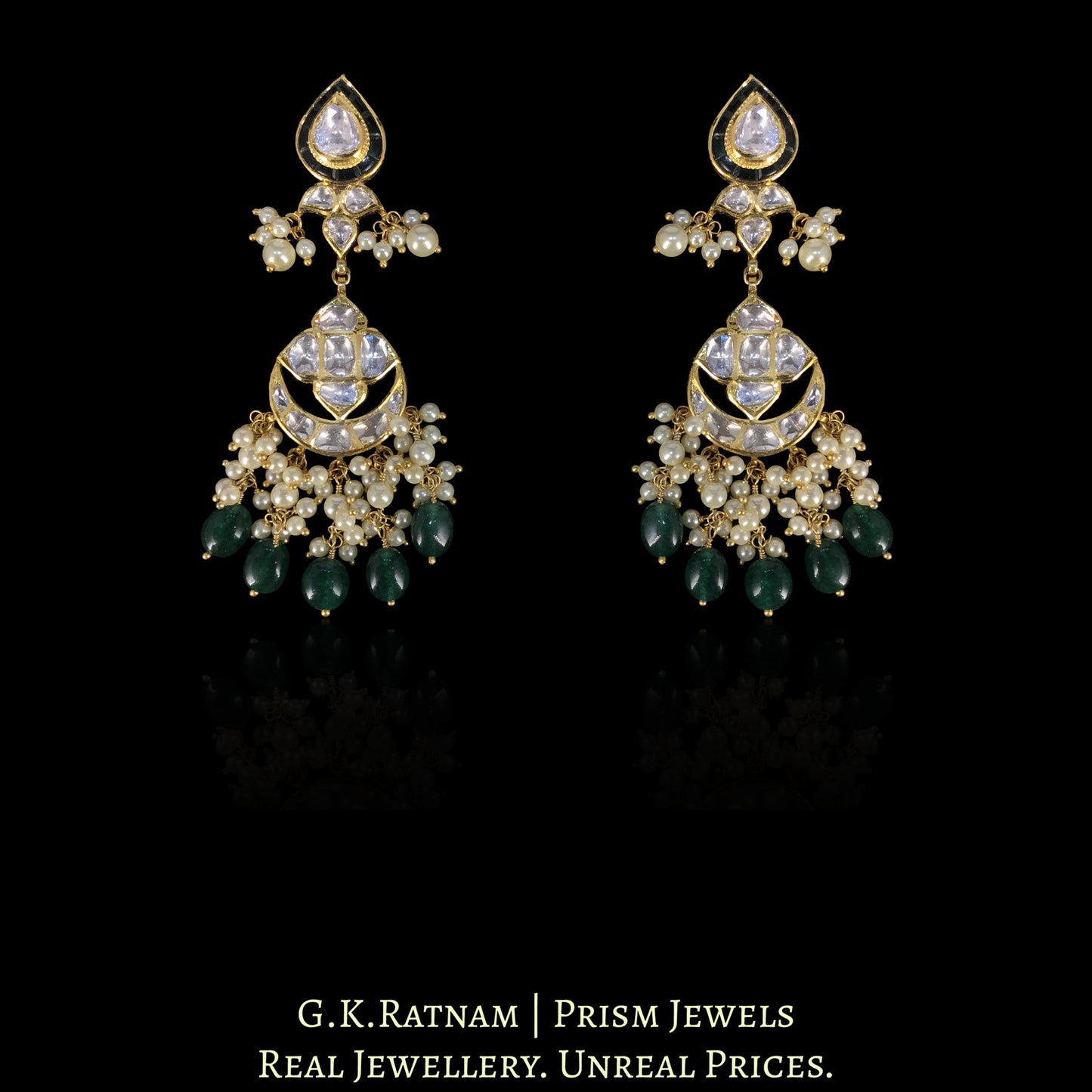 18k Gold and Diamond Polki Choker Necklace Set with pear-shaped motifs enhanced by emerald-grade Beryls and Pearls