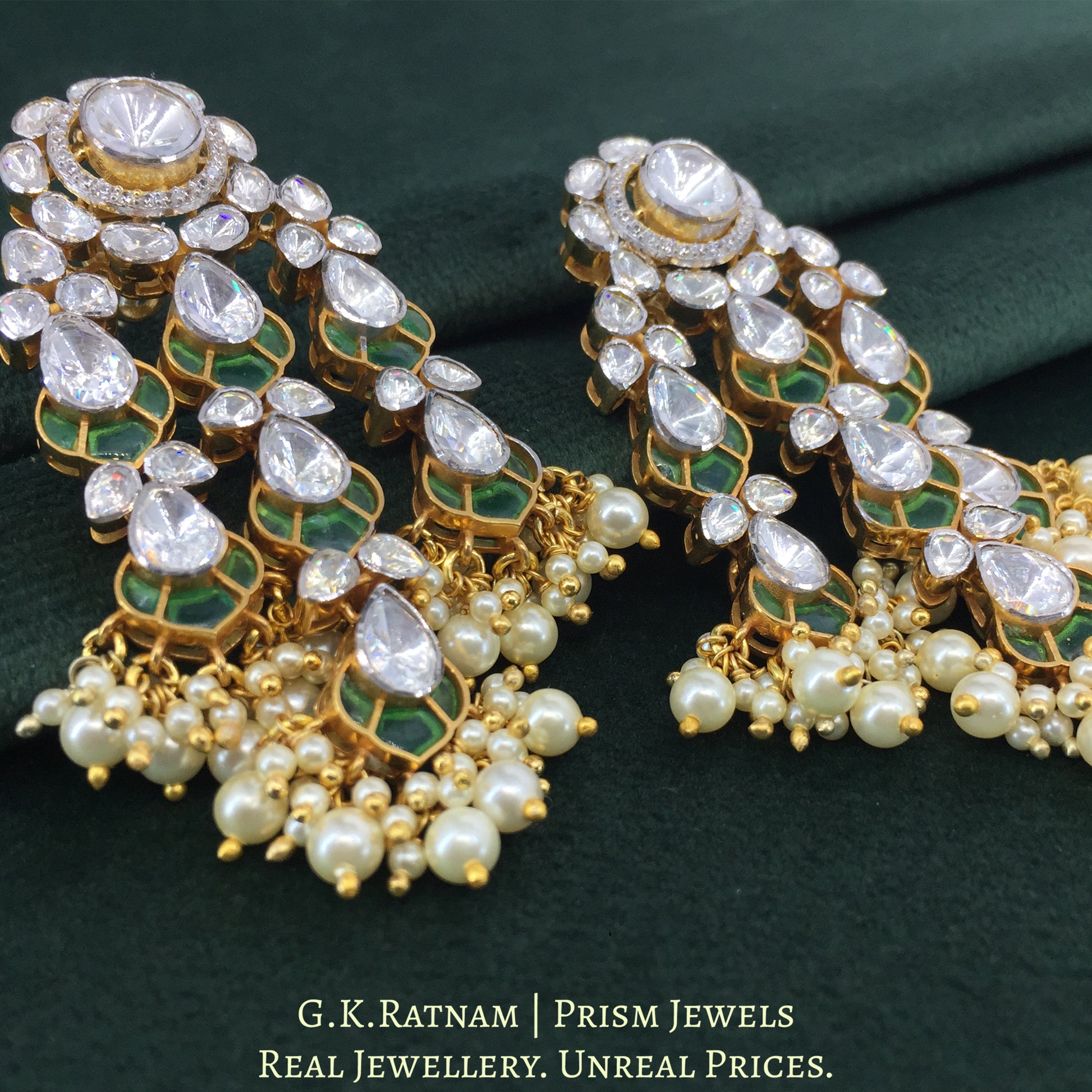 925 Silver And Moissanite Polki Long Earrings With Green Stone And Pearls - G. K. Ratnam