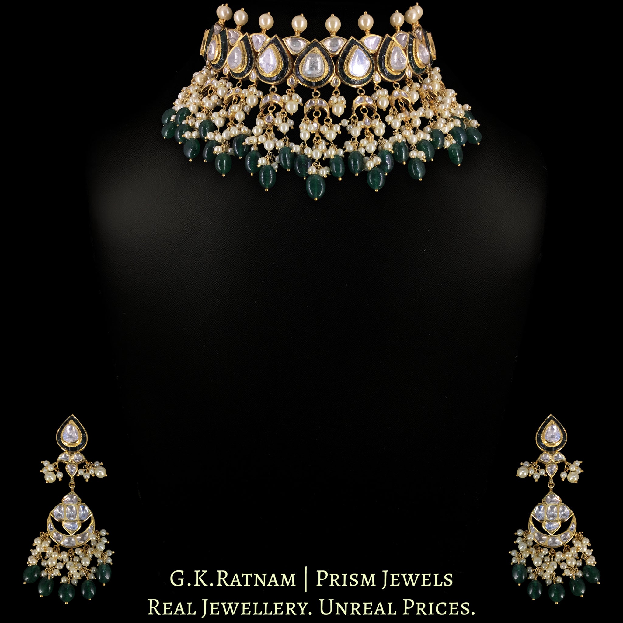 18k Gold and Diamond Polki Choker Necklace Set with pear-shaped motifs enhanced by emerald-grade Beryls and Pearls