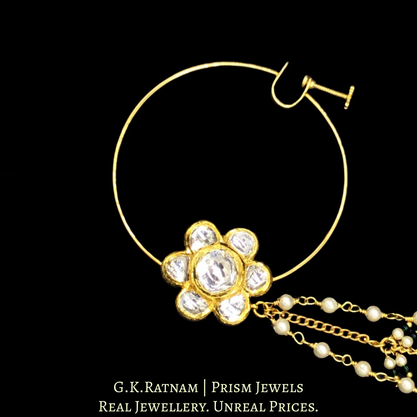 18k Gold and Diamond Polki floral Nose Ring with pearl chain support - G. K. Ratnam