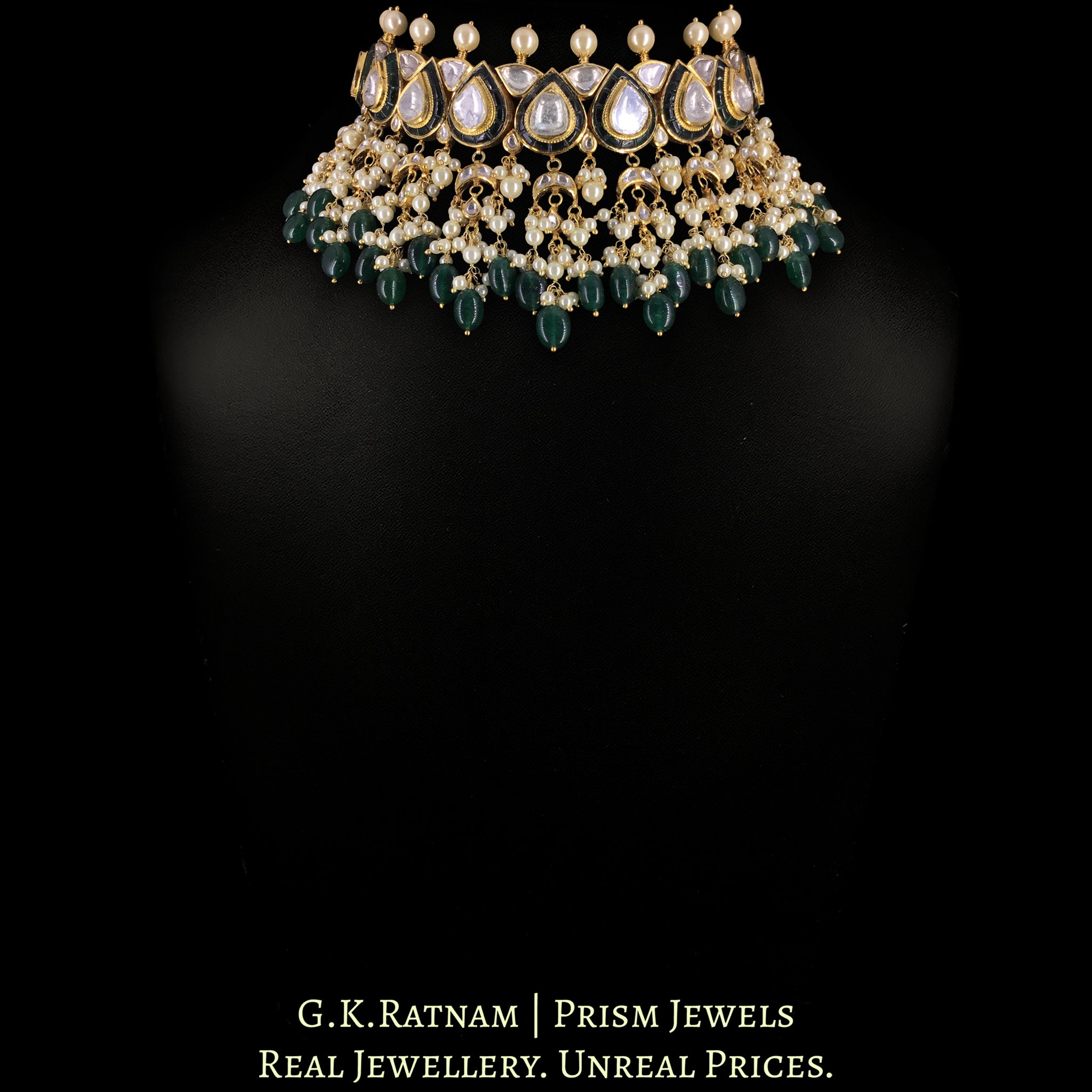 18k Gold and Diamond Polki Choker Necklace Set with pear-shaped motifs enhanced by emerald-grade Beryls and Pearls