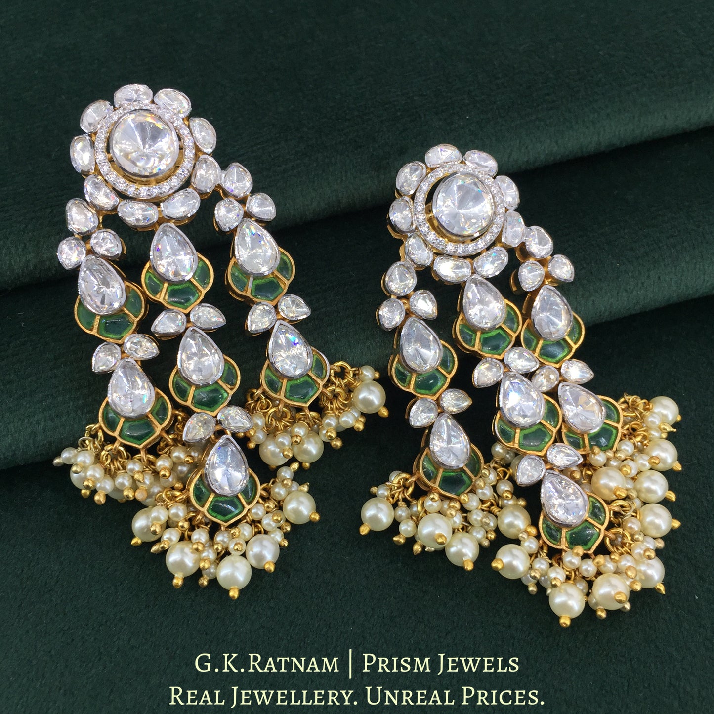 925 Silver And Moissanite Polki Long Earrings With Green Stone And Pearls - G. K. Ratnam