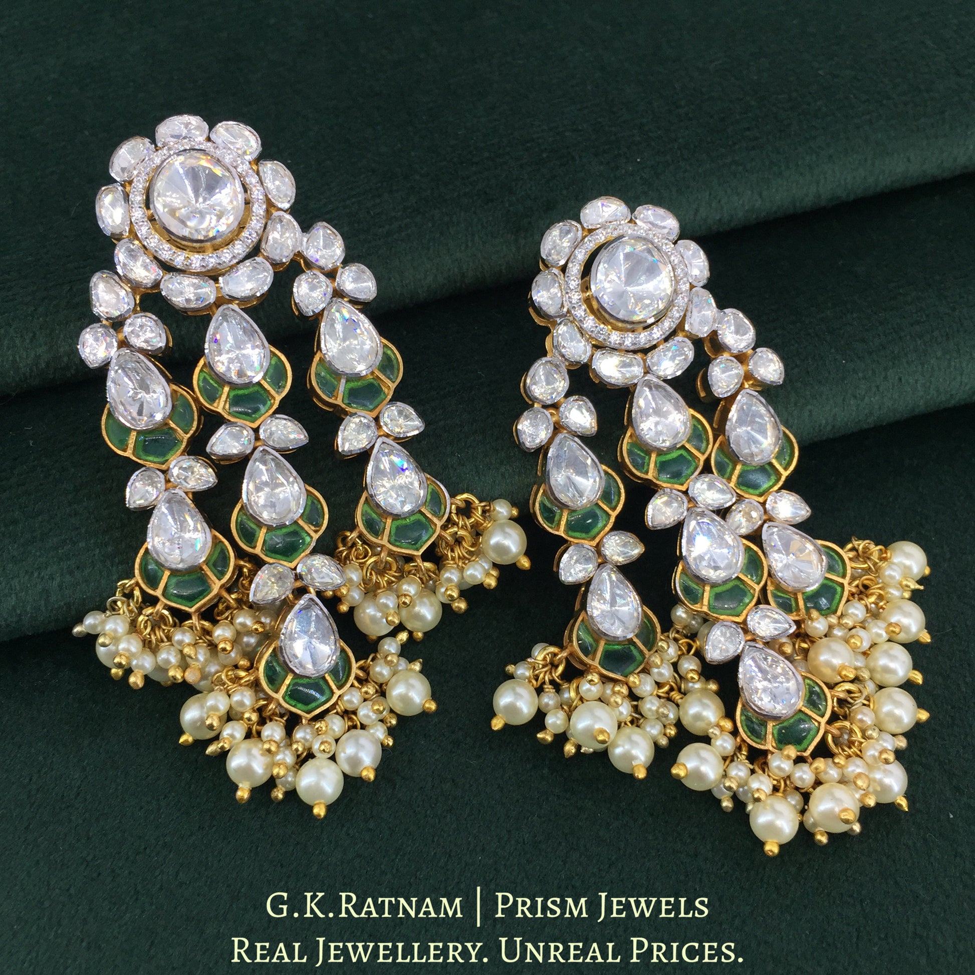 925 Silver And Moissanite Polki Long Earrings With Green Stone And Pearls - G. K. Ratnam