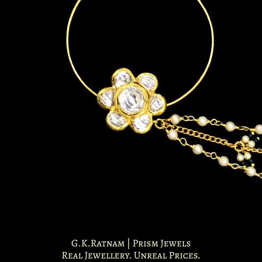 18k Gold and Diamond Polki floral Nose Ring with pearl chain support - G. K. Ratnam
