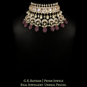 18k Gold and Diamond Polki Choker Necklace Set with pear-shaped motifs enhanced by hand-carved Strawberry Quartz Melons and Pearls