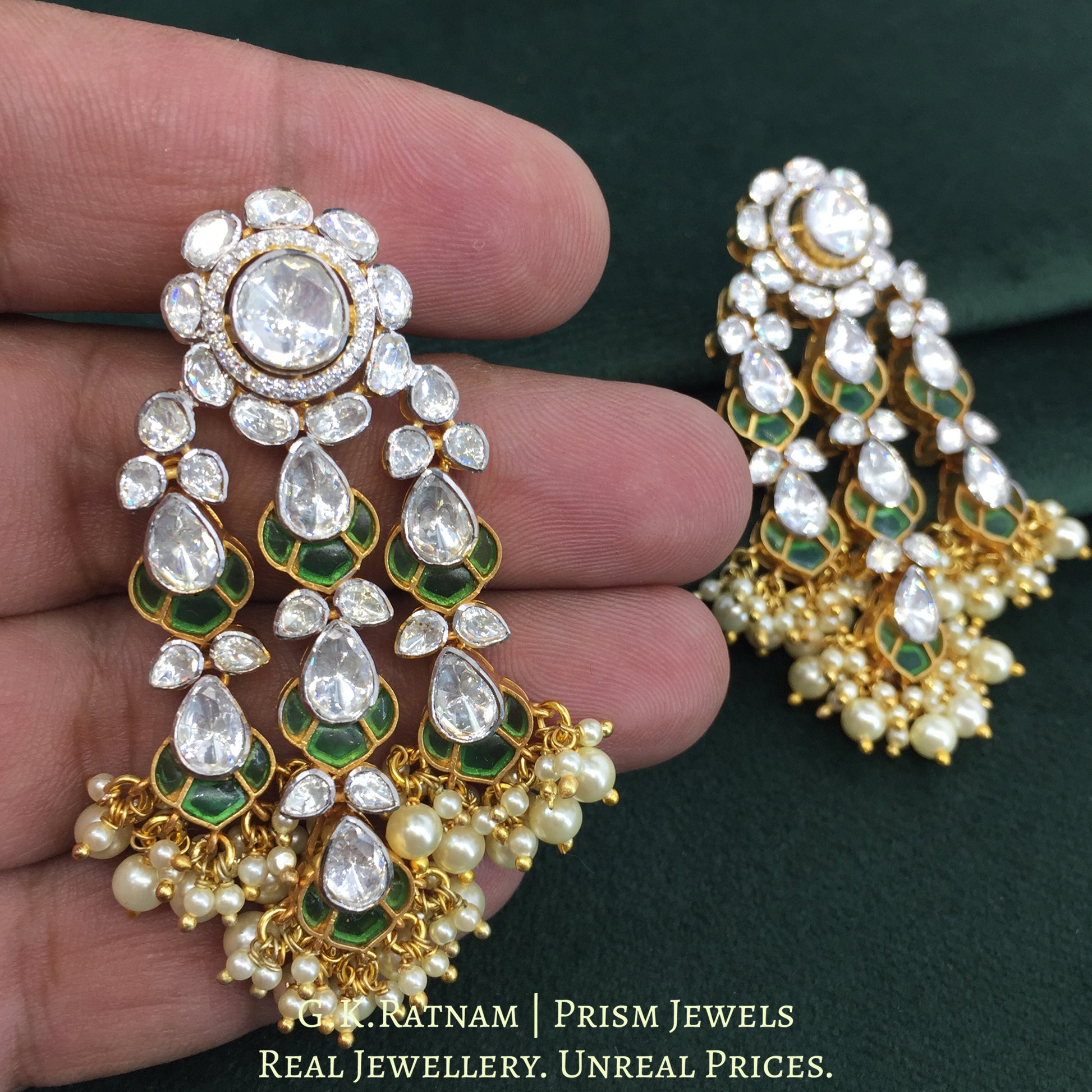 925 Silver And Moissanite Polki Long Earrings With Green Stone And Pearls - G. K. Ratnam